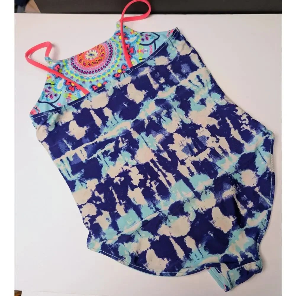 Justice Reversible Swimsuit GIRLS SIZE 12L Blue One Piece UPF50+ Floral Tye Dye